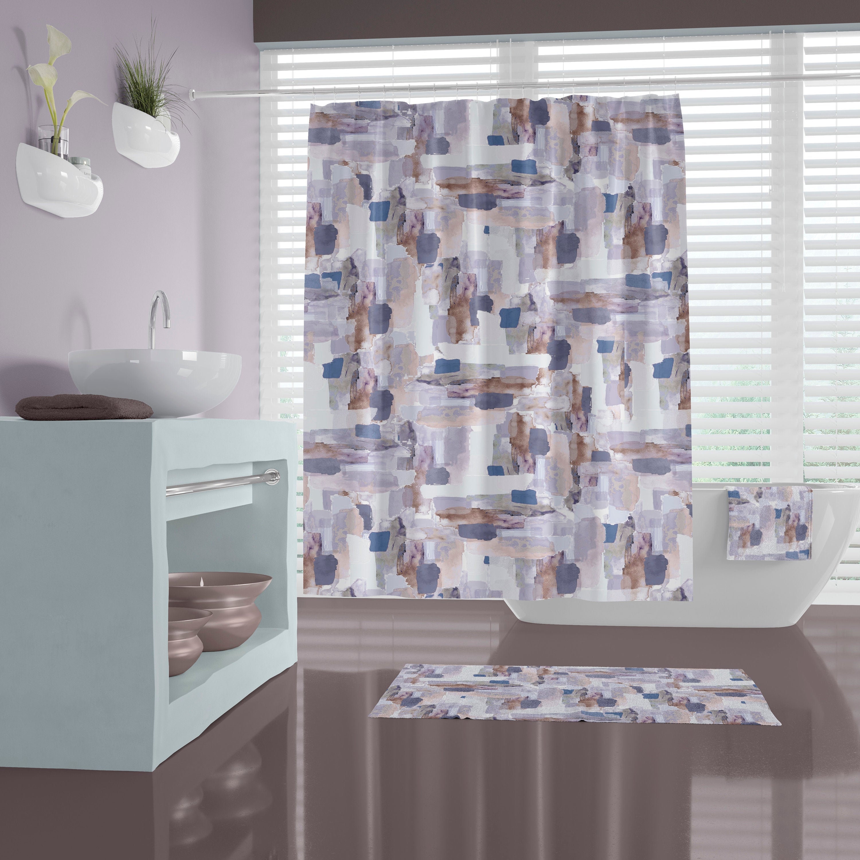 Purple Shower Curtain With Mauve Cream Pink Abstract Print