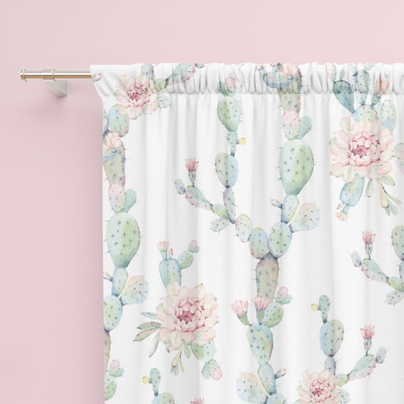Nursery Curtains Desert Cactus Bloom Kids Window Panels, Botanical Design (Sheer, Mid Weight, Blackout Options, Multiple Sizes)