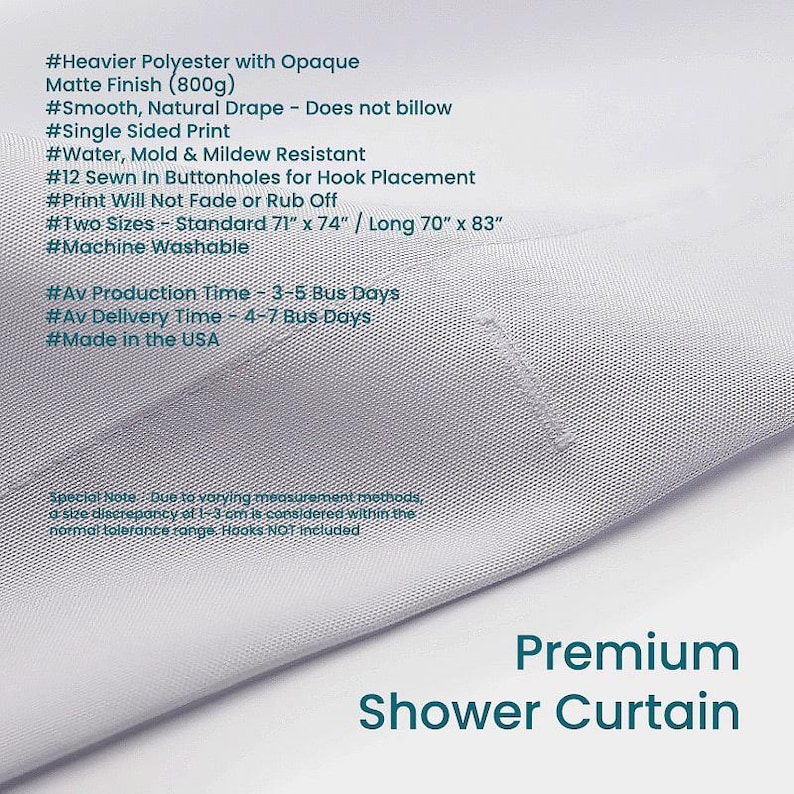 The image is a close-up of an Ozscape Designs Premium shower curtain with a list of features and specifications for a premium shower curtain.