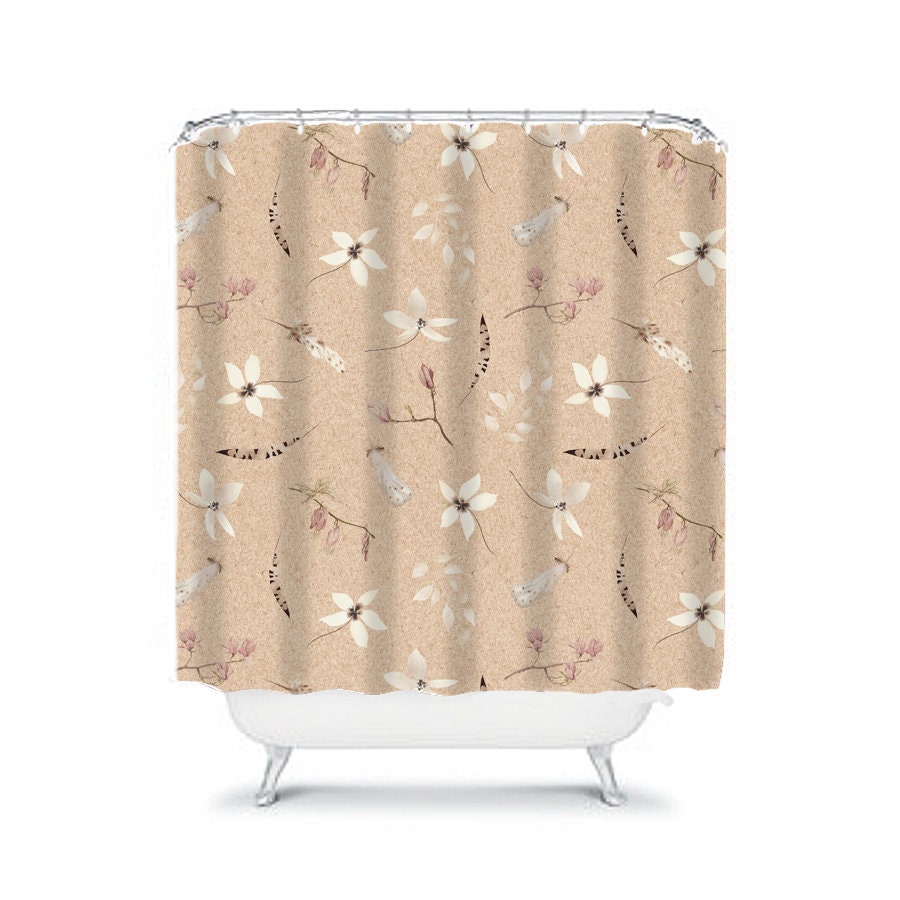 Beige floral shower curtain. Extra long shower curtain. Beige Etsy
