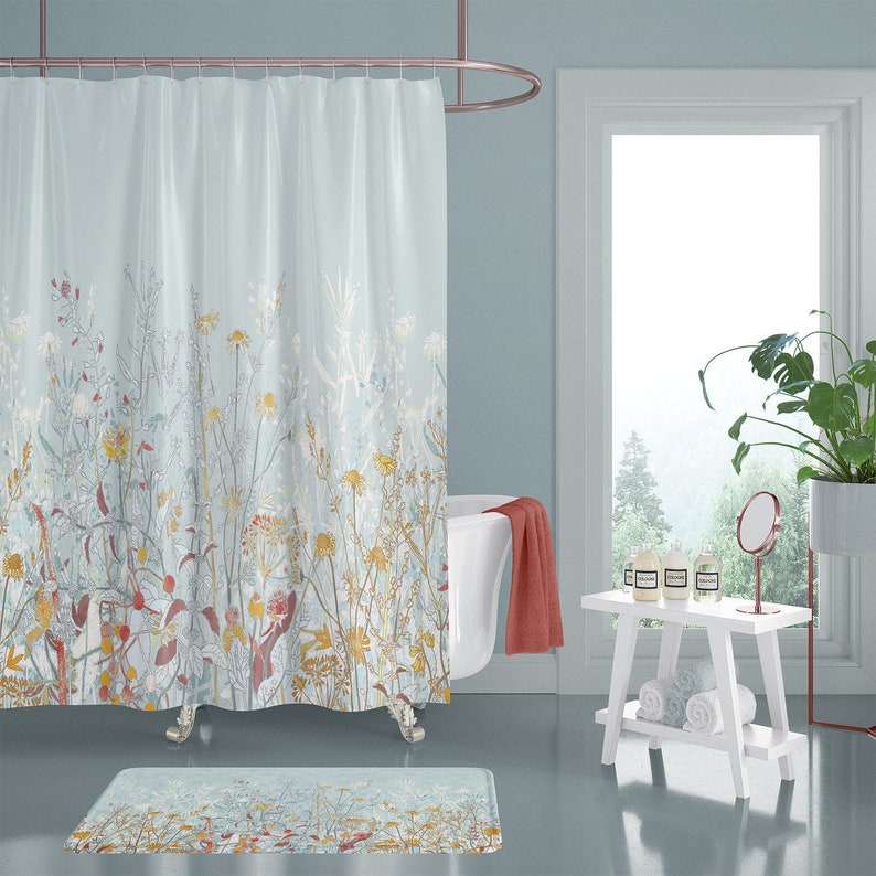 Floral Shower Curtain Blue Wildflowers Fabric Curtain. Blue Etsy Canada