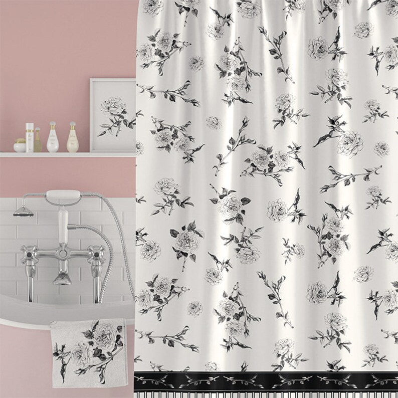 Black And White Floral Shower Curtain With Bath Mat. Floral Etsy
