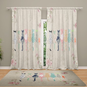 Cat Curtains Kids Nursery Blackout Drapery, Playful Cat Motif (50x84 Inches, Polyester, Light Blocking Panels)