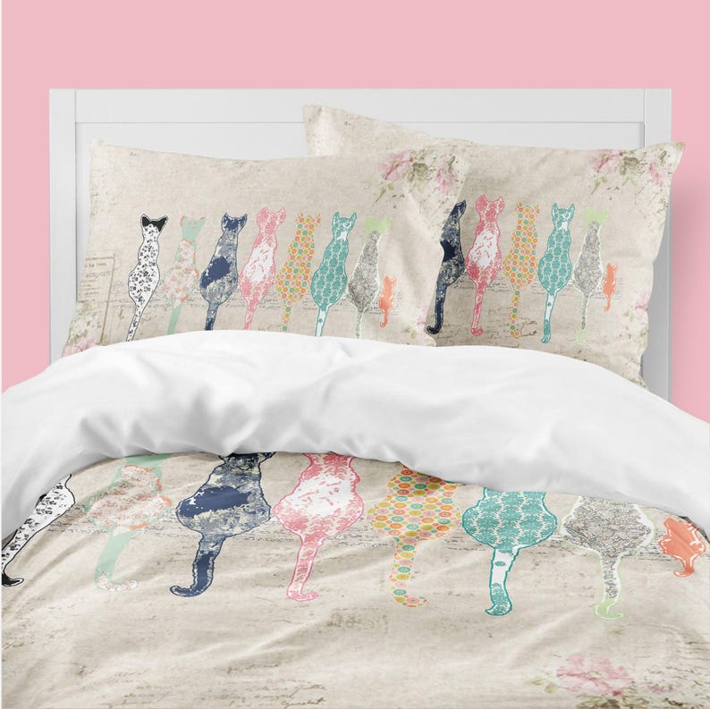 Cat Nursery Duvet Cover With Bed Pillows For Baby and Toddler Bedroom Decor: Soft Cotton, Machine Washable | Toddler Room Decor image 1