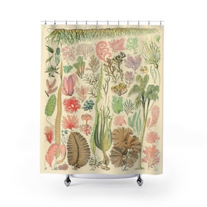 Premium Fabric Shower Curtain With Botanical Ocean Algae Print In Pink and Green Colors.