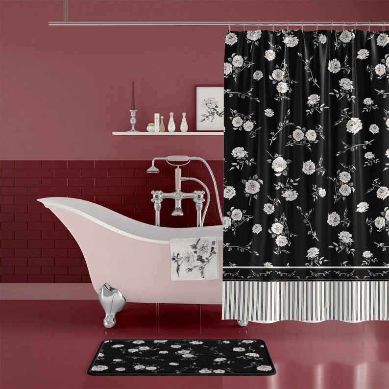 Black and White Floral Shower Curtain With Bath Mat Floral Etsy