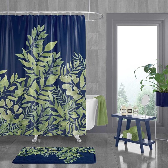 Navy Blue Leafy Shower Curtain: Tropical Watercolor Pattern, Eco-Friendly Fabric | Mold Resistant, Machine Washable | Multiple Sizes