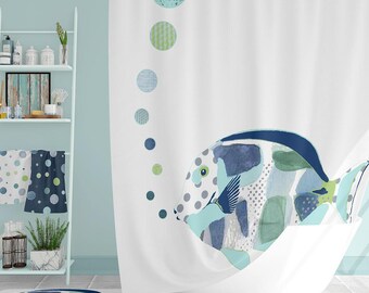 Blue Fish Shower Curtain: Nautical Kids Bathroom Decor