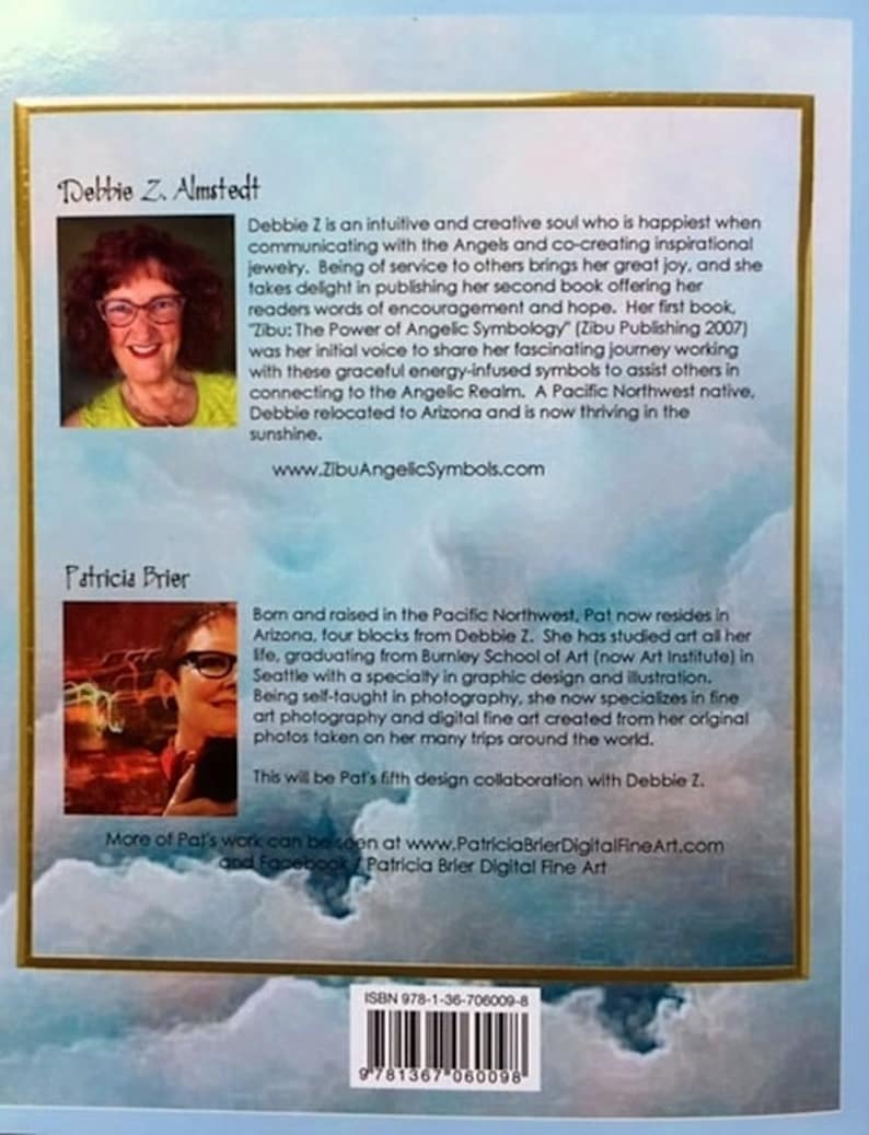 May include: A book cover featuring text and images. The cover includes author biographies, website addresses, and an ISBN barcode. The design incorporates a gold border and a cloudy sky background.