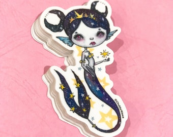 3.54 Inch Galaxy Mermaid Die Cut Sticker - Moon and Stars mermaid - Mermay 2018 by Verona Chen