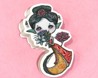 3.54 Inch Floral Mermaid Die Cut Vinyl Sticker - Flowers Rose Water Lily - Mermay 2018 by Verona Chen