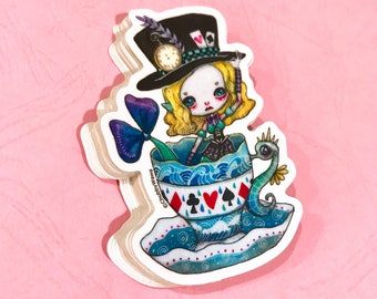 3.27 Inch Mad Hatter Mermaid Die Cut Vinyl Sticker- Inspired by Alice in wonderland tea party seahorse teacup - Mermay 2018 by Verona Chen