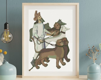 Mittelalterliches Kreuzstichmuster – Buchmalerei – Die gezähmten Tiere – Stickmuster zum Herunterladen im PDF-Format – Bestiarium