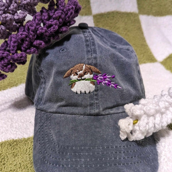 Rabbit with Lavenders Embroidered Cap