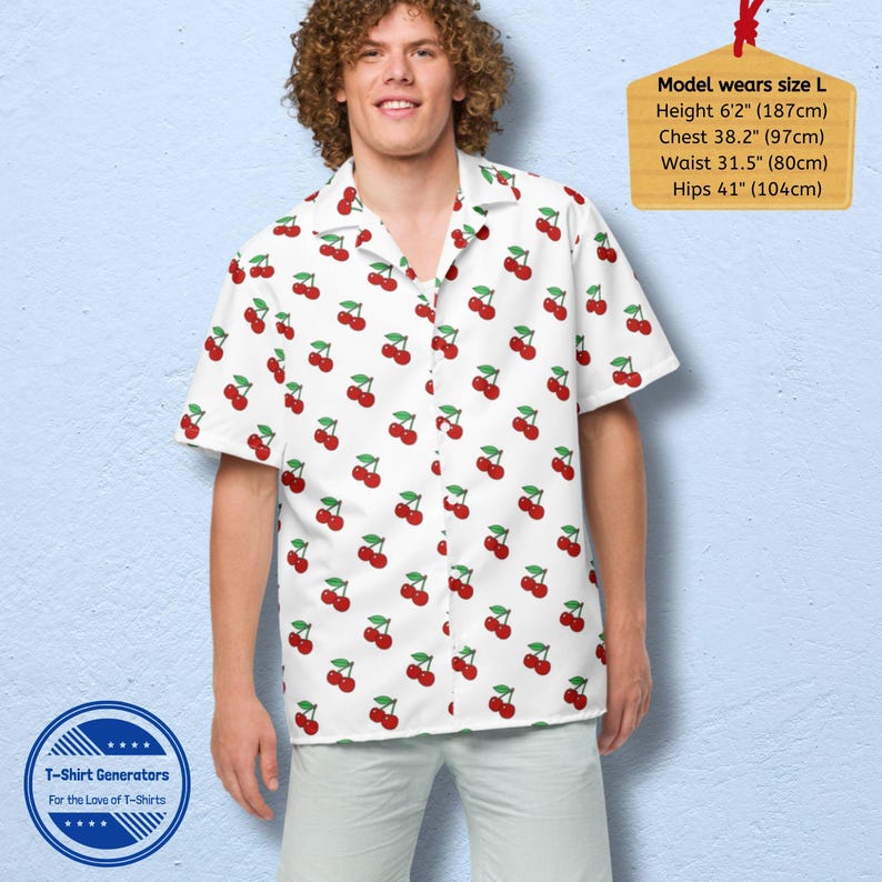 Red and white cherry pattern button up shirt for men and women