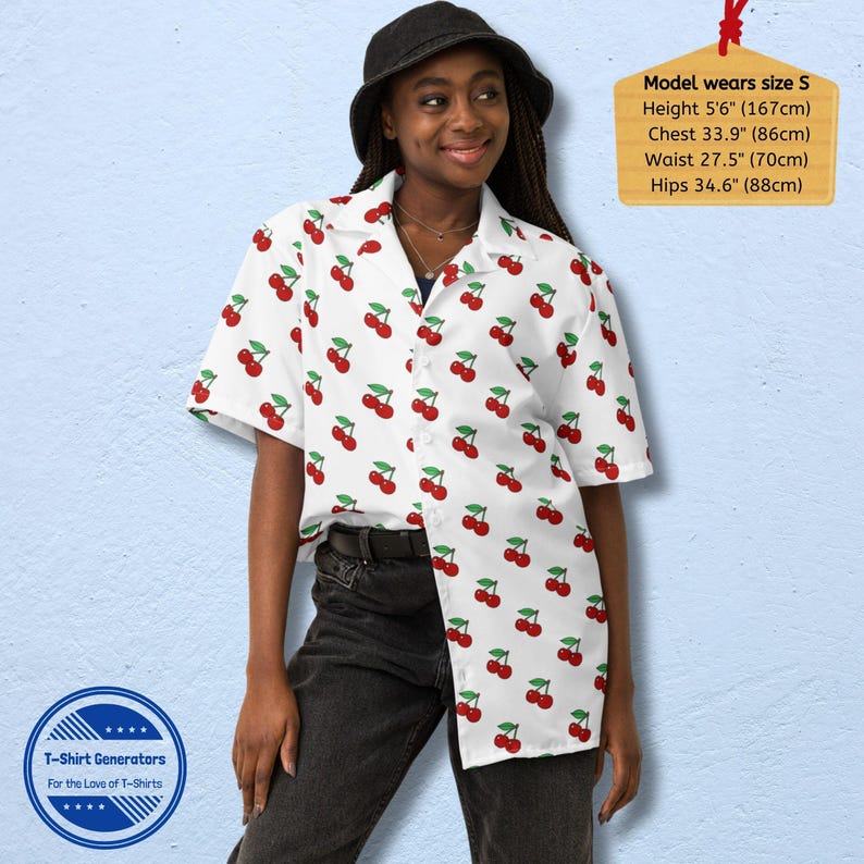 Red and white cherry pattern button up shirt for men and women