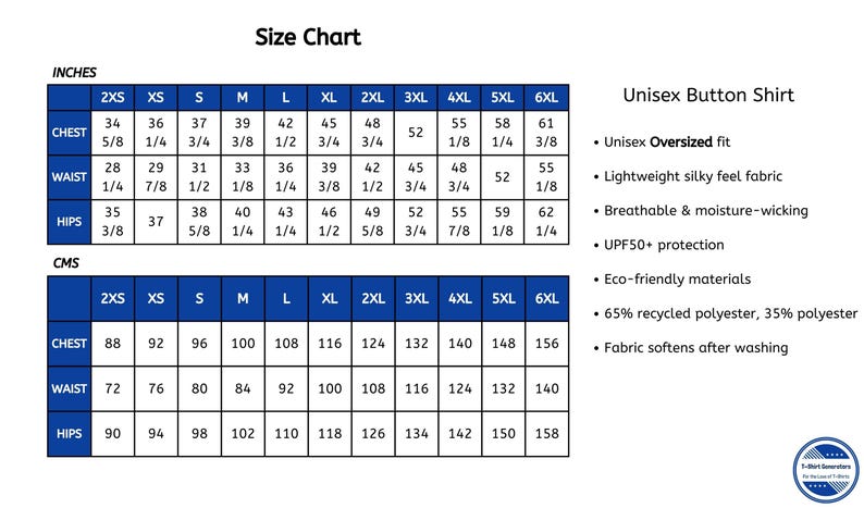 K&ouml;nnte beinhalten: Gr&ouml;&szlig;entabelle f&uuml;r ein Unisex-Knopfshirt mit Ma&szlig;en in Zoll und Zentimetern. Das Shirt wird als Oversize beschrieben, hergestellt aus leichtem, seidenweichem Stoff, atmungsaktiv und feuchtigkeitsableitend, mit UPF50+ Schutz. Es ist aus umweltfreundlichen Materialien hergestellt, 65% recyceltem Polyester und 35% Polyester. Der Stoff wird nach dem Waschen weicher.