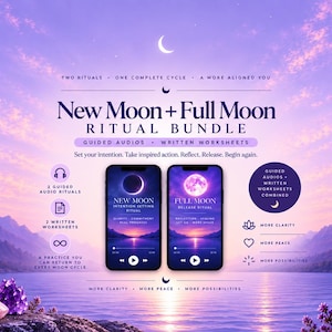 Pode incluir: Um pacote de ritual digital com dois smartphones exibindo interfaces de áudio de Lua Nova e Lua Cheia. O gráfico inclui o texto: New Moon + Full Moon Ritual Bundle, Guided Audios, Written Worksheets e Set your intention. Take inspired action.