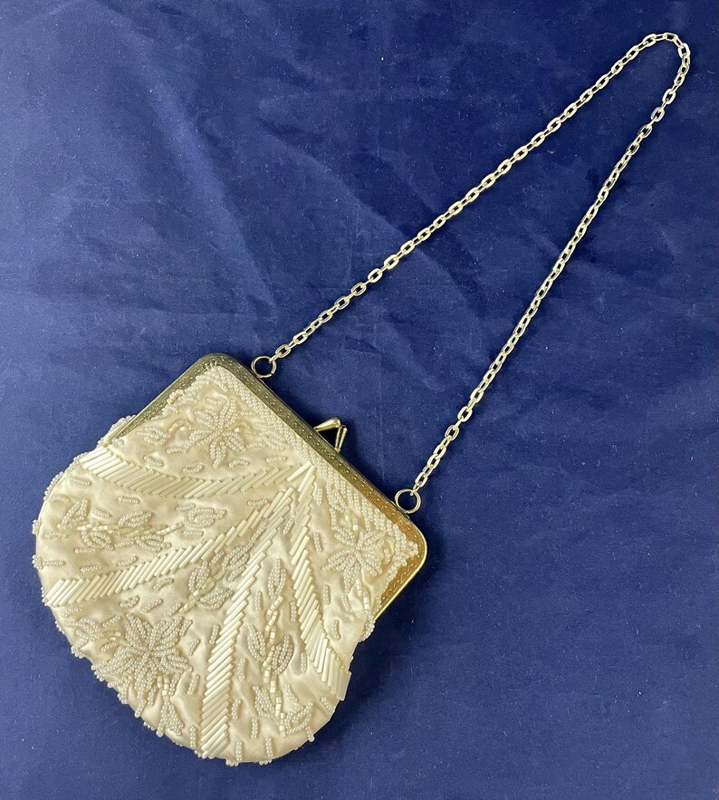 Vintage Beaded Evening Bag, Cream Blush Fabric Sack With Goldtone Frame ...