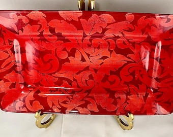 Vintage Laurie Gates The Regency Collection Large Two Tone Red Leaf Jacquard Ceramic Platter