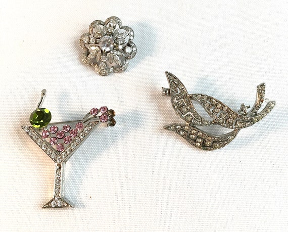 3 Rhinestone Pins/brooches for 1 Price Martini Glass Pin 