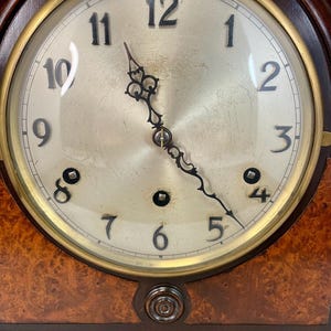 Antique Herman Miller Clock Co. Clocks of Zeeland Character, Michigan Walnut Chiming Domed Mantle Clock with Burl Walnut Detail on Front