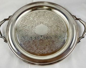 Vintage Oneida Silverplate 2-Handled Tray with Engraved Field of Stylized Foliage and Scrolls
