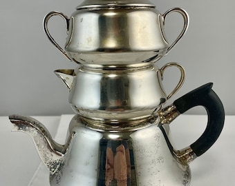 Vintage Silverplate Stacked Teapot Set: Sugar Bowl & Creamer Trio