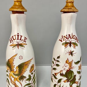 Vintage French Faience Moustiers French Country Style Huile (Oil) and Vinaigre (Vinegar) Hand Painted Cruets