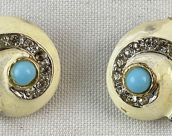 Vintage Kenneth Jay Lane Cream Enamel Spiral Shell Clip-on Earrings with Faux Turquoise and Rhinestones