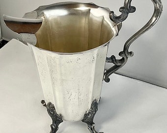 Vintage 5th Avenue Silverplate Co Silver on Copper Water Pitcher on 4 Scrolled Feet and with an Ice Lip