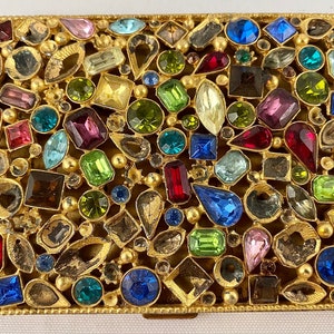 Vintage Goldtone Cigarette Case Embellished with Multi-colored and Multi-shaped Crystals