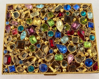 Vintage Goldtone Cigarette Case Embellished with Multi-colored and Multi-shaped Crystals
