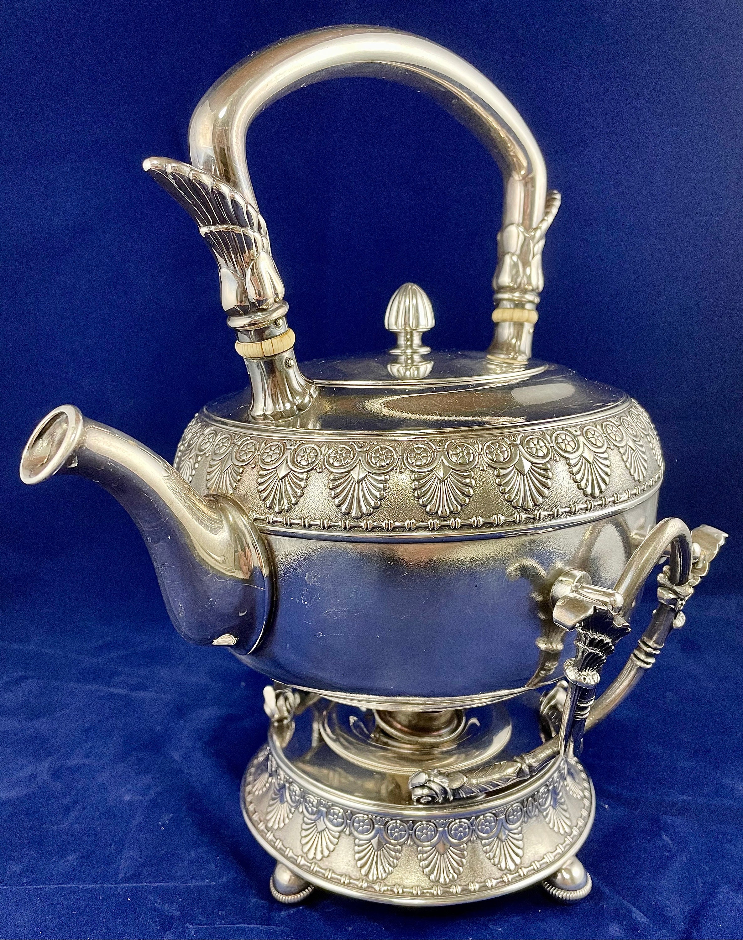 Antique 19th Century Gorham Neoclassical Silverplate Tea or Hot Water Kettle Date Mark 1884 with Its Original Spirit Burner