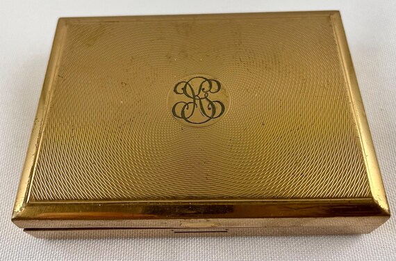 Vintage Rectangular Goldtone Engine Turned Powder… - image 1