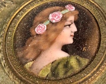 Antique French Bronze or Brass Jewelry Casket or Box Hand Painted Female Head Cameo Marked France circa 1891-1920