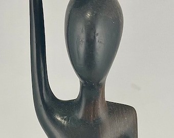 Vintage African Carved Wood 18" H Sculpture of a Tall, Slender, Attenuated Woman Carrying a Pineapple on Her Head
