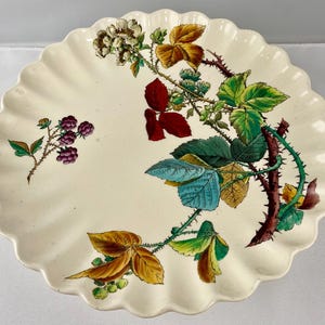 May include: A cream-colored ceramic plate with a scalloped edge, featuring a detailed botanical illustration of blackberry vines. The design includes dark purple berries, thorny brown stems, and leaves in shades of green, yellow, and deep red.