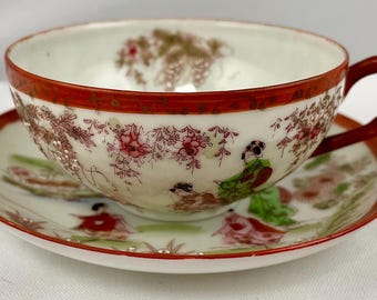 3 Vintage Kutani Hand Painted Eggshell Porcelain Teacups and Saucers with 1 Extra Saucer