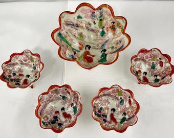 Vintage Japanese Kutani Eggshell Porcelain Dessert or Nut Set Consisting of 1 Large Serving Bowl and 4 Individual Bowls