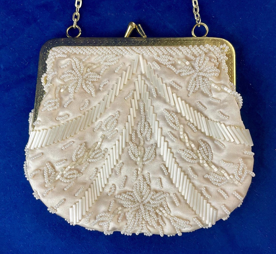 Vintage Beaded Evening Bag, Cream Blush Fabric Sack With Goldtone Frame ...