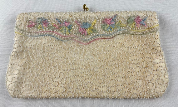 Antique 1920's Pearl Beaded Clutch with Pink, Gre… - image 5