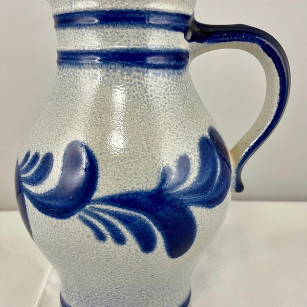 Vintage German Kleiraba Keramik Handmade Saltglaze Stoneware Jug or Pitcher with Stylized Dark Navy Blue Foliage Decoration