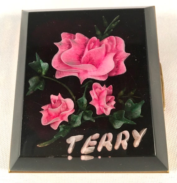 Vintage Rectangular Goldtone Compact w/ Blue Glas… - image 1