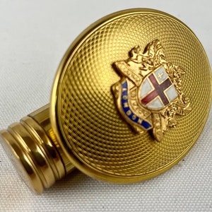 Vintage Kigu of London Made in England Goldtone Lipstick Holder/Case Attached Oval Shield Shaped Mirror with Enameled London Coat of Arms