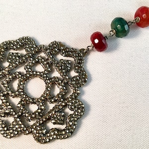 Vintage Y Necklace with Colorful Dyed Agate or Quartz Beads Ending with a Large Filigreed Marcasite Pendant
