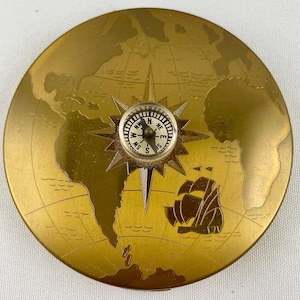 Elgin American Powder Compact Depicting the World Map with a Compass Inset in Center of the Compact