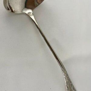 May include: A silver ladle with a round bowl and a long, slender handle. The handle features an ornate, engraved design near the end. The ladle is made of a shiny, reflective metal, likely stainless steel or silver, and is designed for serving soups or sauces.