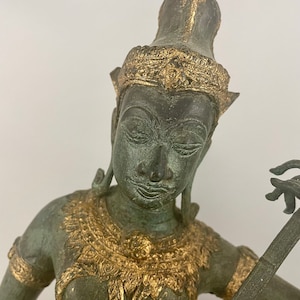 Vintage Gilt Bronze Thai Prince Deity Figure Playing a Lute Circa 1950&#39;s