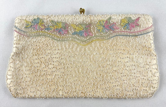 Antique 1920's Pearl Beaded Clutch with Pink, Gre… - image 1